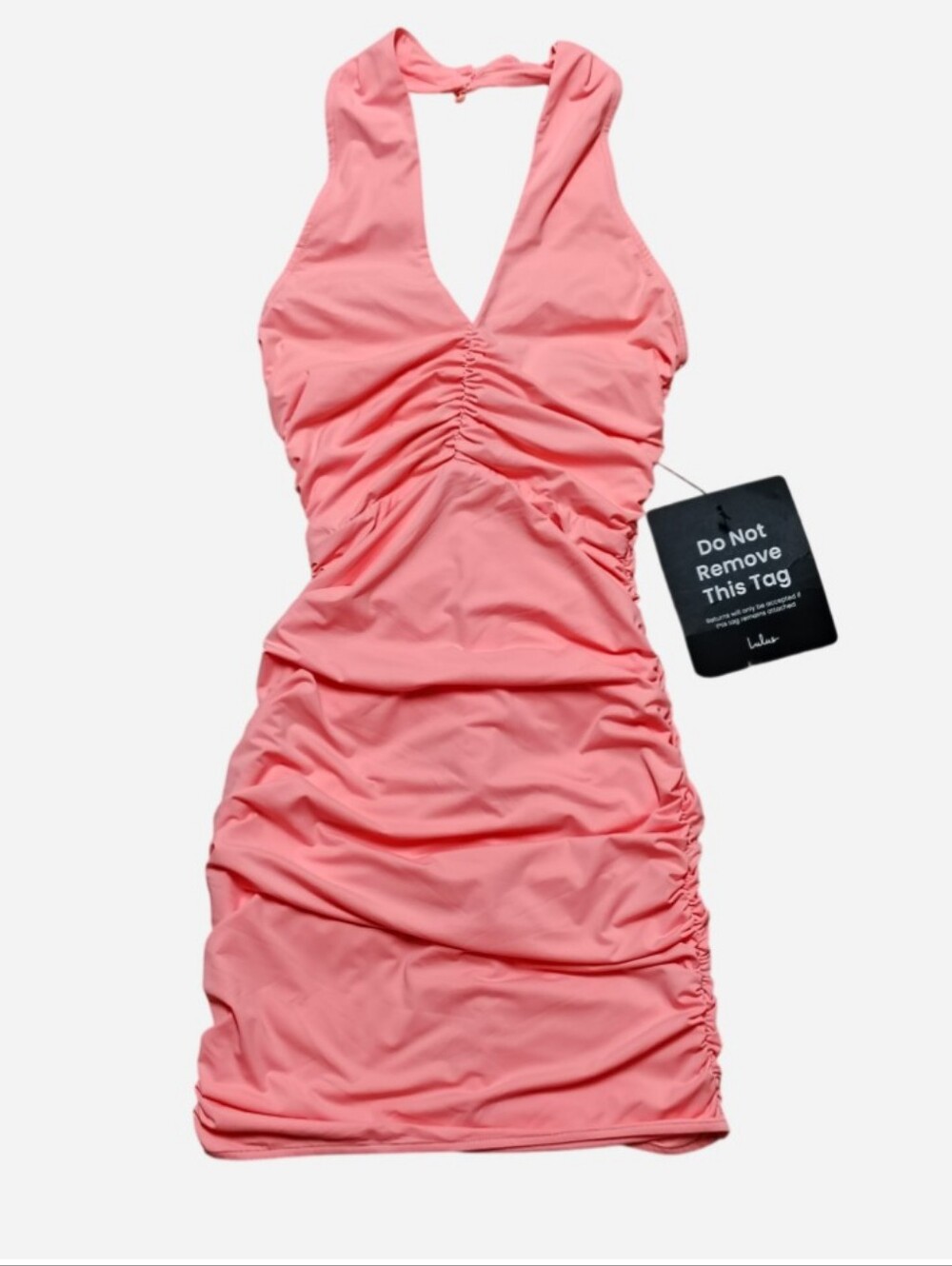 NWT Lulus Ruched Halter Bodycon Dress Coral Pink Women's XS Baddie Y2K Vibes NEW